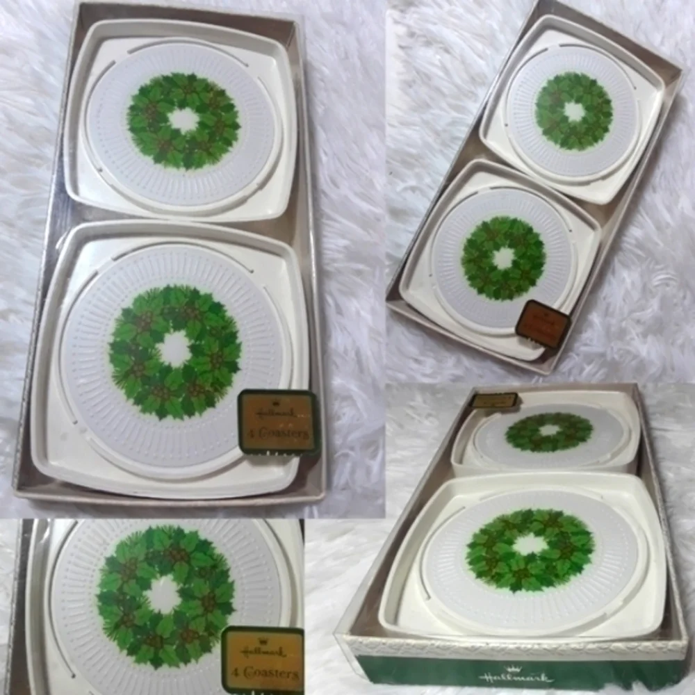 Vintage Hallmark Holiday Berry Wreath Coasters Set